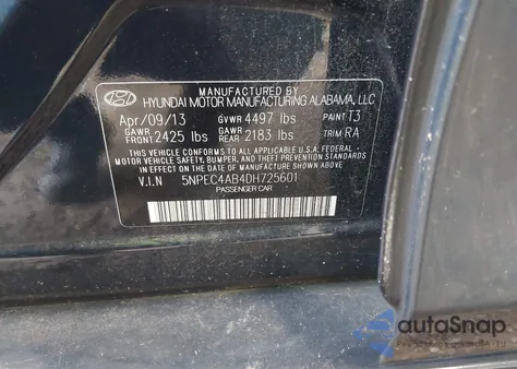 2013 Hyundai Sonata Se 2.0T из США, поврежденный, VIN 5NPEC4AB4DH725601